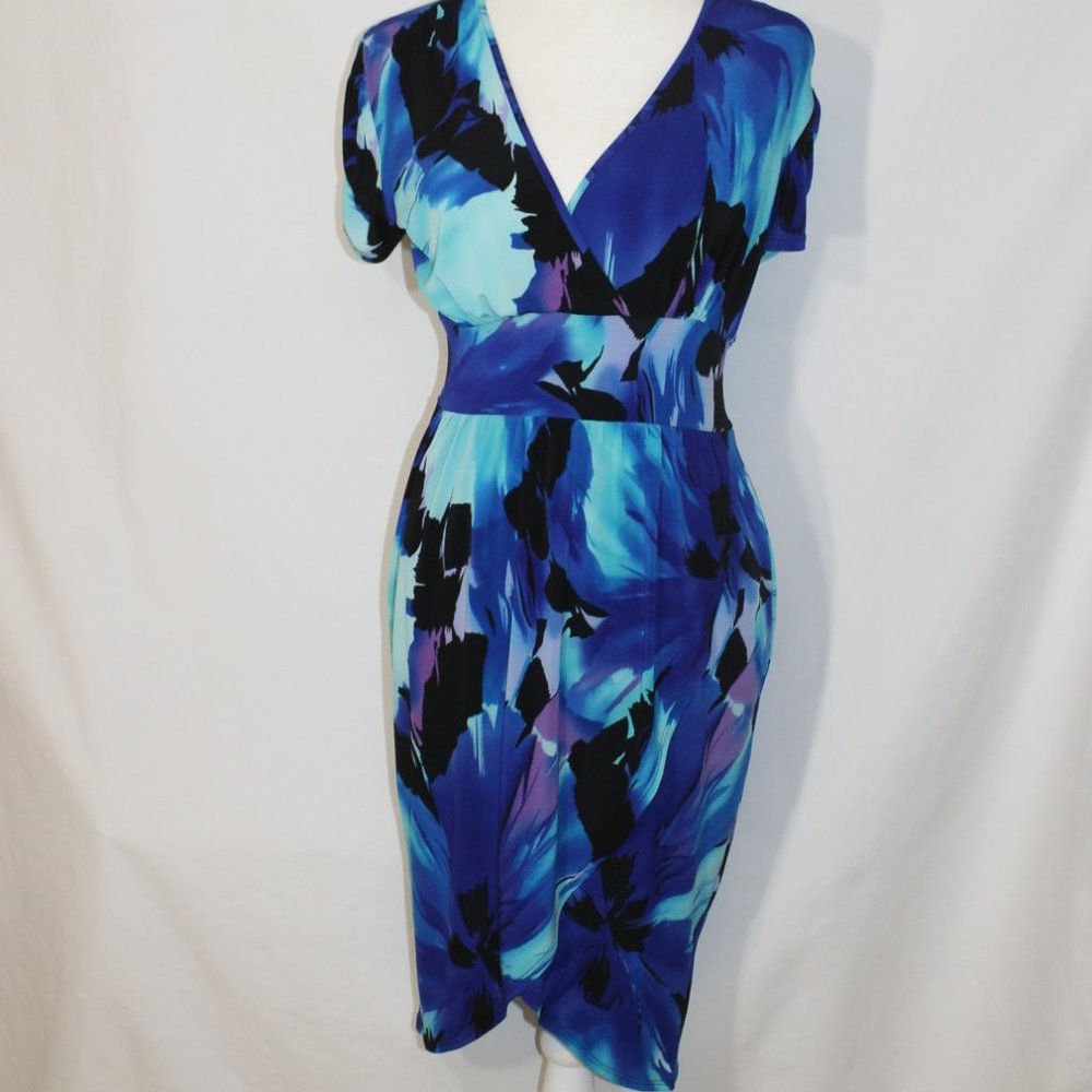 LILY Blue & Purple Floral Wrap Dress Size XS Short Sleeve V-Neck Knee Length